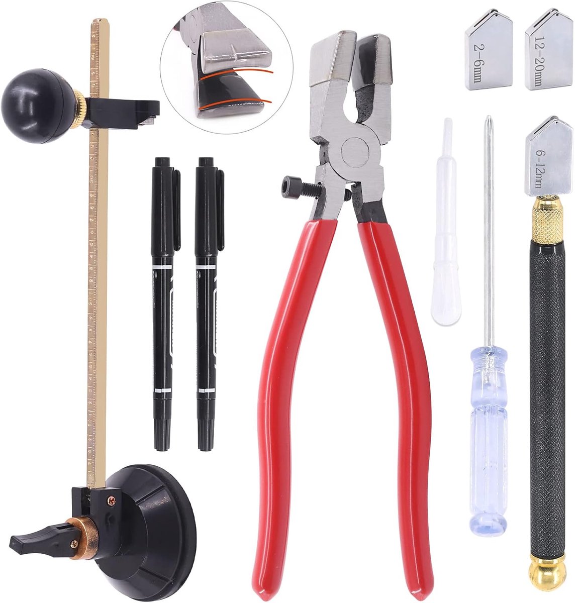 11Pcs Glass Cutter Tool Kit - Curve Jaw Glass Running Pliers met Rubber Tips - Pencil Oil Feed Carbide Tip Glass Cutter - Circulaire Glass Cutter - 2Pcs Blades met Oil Dropper en Accessoires