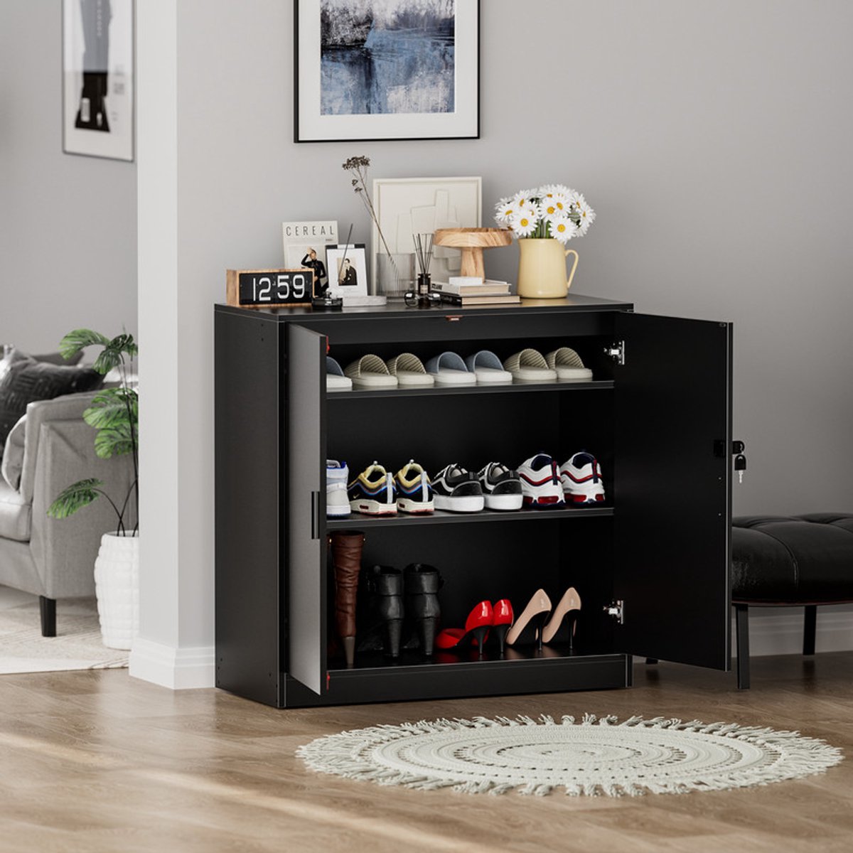 EGGREE Schoenenkast met 3 niveaus - Perfect geschikt voor smalle gangen, woonkamers en slaapkamers - 87 x 37 x 87 cm (L x B x H) - Zwart