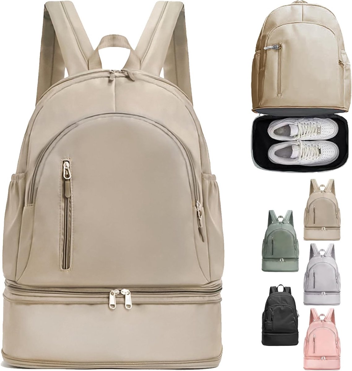 Sportrugzak voor Mannen en Vrouwen met Schoencompartiment en Waterdichte Tas voor Zwemmen en Yoga, Khaki, Maat S