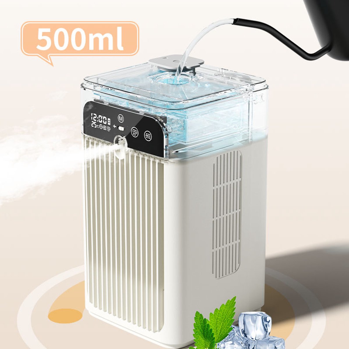 Airco -Mobiele Airco en Luchtkoeler met Mistbevochtiging - Premium Mini Cold Air Fan 500ml - Stille Tafelventilator 18 dB met Klok en Temperatuurweergave-Oplaadbaar - Draagbare Luchtkoeler voor Slaapkamer en Kantoor – foto 2