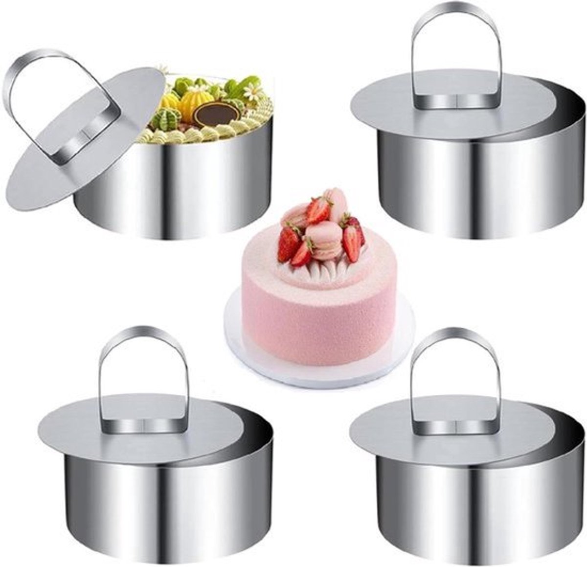 Ronde Mousse-ring Dessertringen - Set van 4 met Roestvrijstalen Perringen