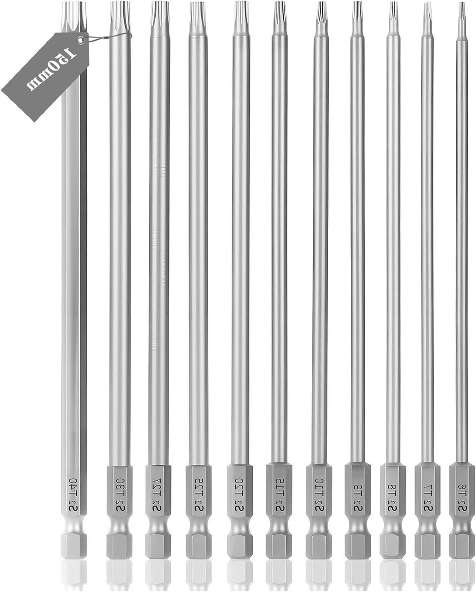 SnelShoppen - 11-delige Long Torx Schroevendraaierset 150 mm met Magnetische Torx Veiligheidskop - T5, T6, T7, T8, T9, T10, T15, T20, T25, T27, T30, T