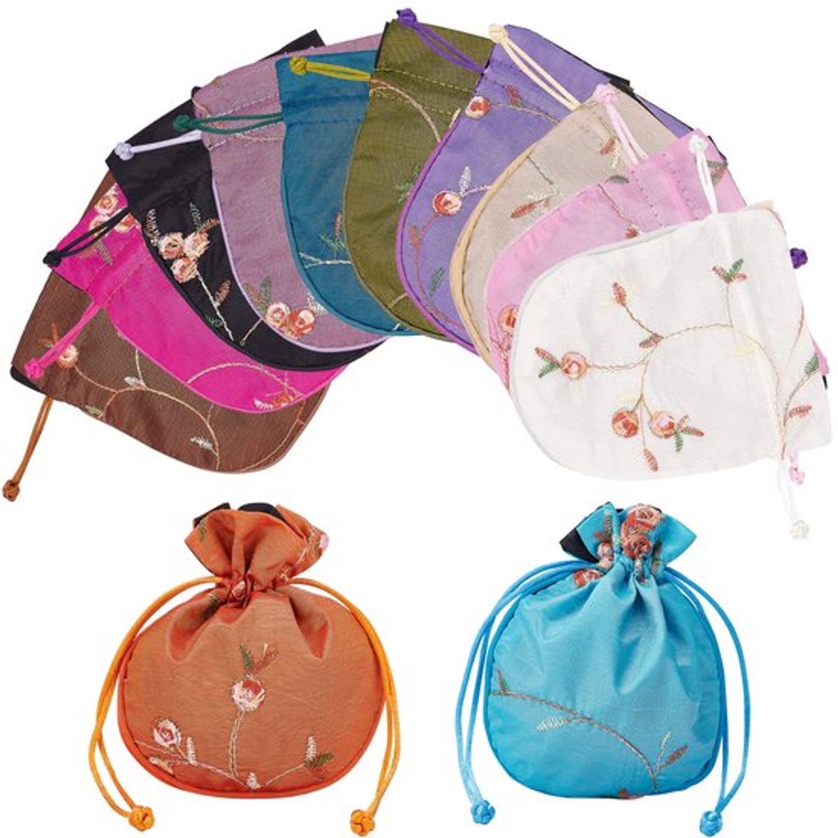 Verpakking met 12 zijden sieradenzakjes, 12 x 14 cm, 12 kleuren, brokaatzakjes, geborduurde bloemenzakjes voor Chinese sieraden, cadeauverpakking voor gasten, bruiloftsfeesten