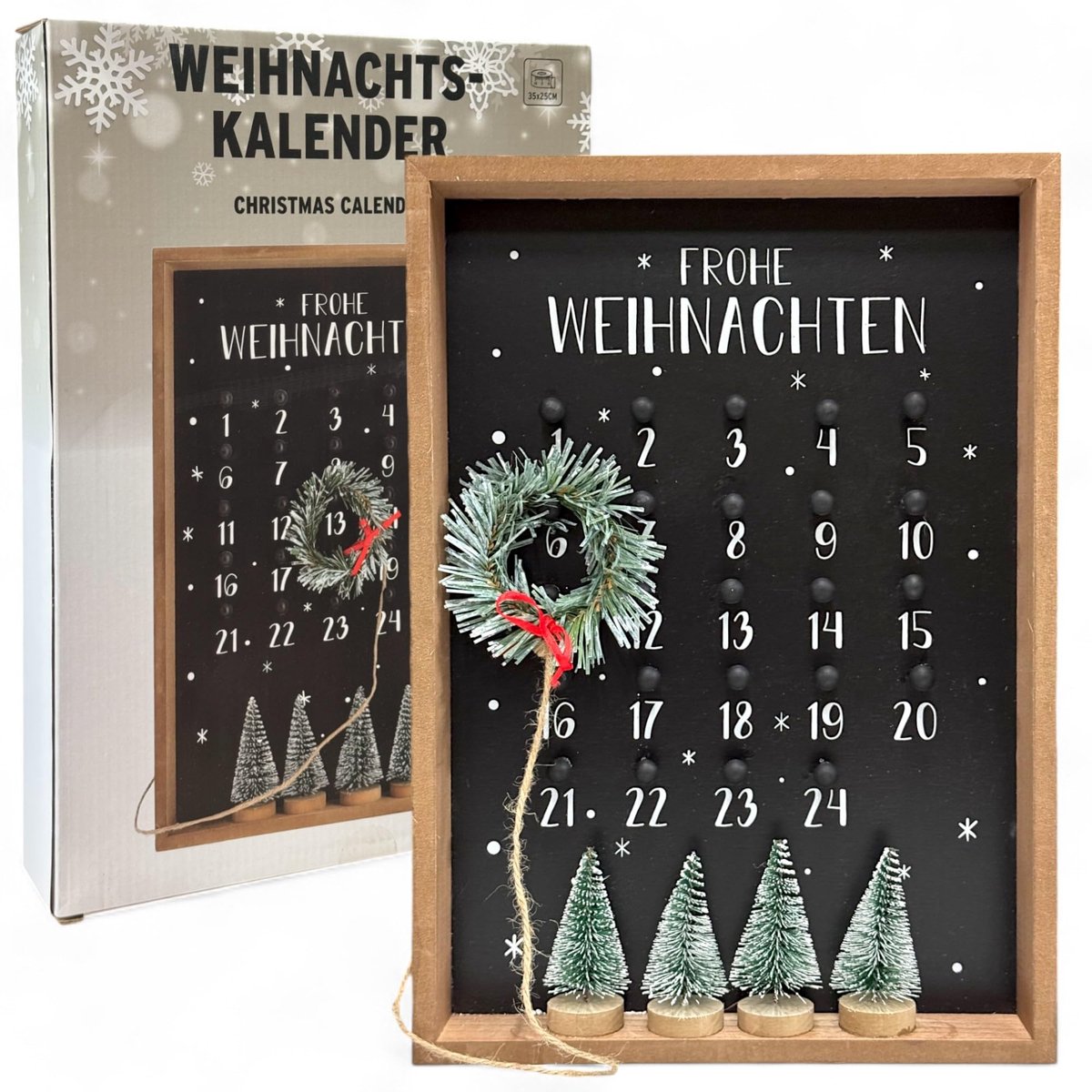 Dailygoods - Adventskalender - Kerstdecoratie - Herbruikbaar ontwerp - 25 x 35 cm - Aftelkalender - Perfect voor feestdagen - Houten lijst