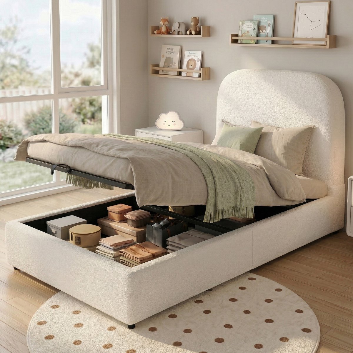 Gestoffeerd Bed 90 x 200 cm - Eenpersoons Kinderbed Met Hydraulische Opbergruimte en Lattenbodem - Zonder Matras - Stof - Beige