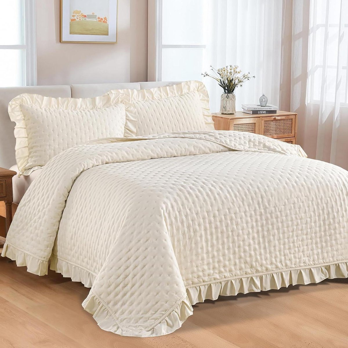 Sprei - Dekbedovertrek - Slaapkamer Decoratie - Uniek Ruches Design - 240x260 cm - Beige