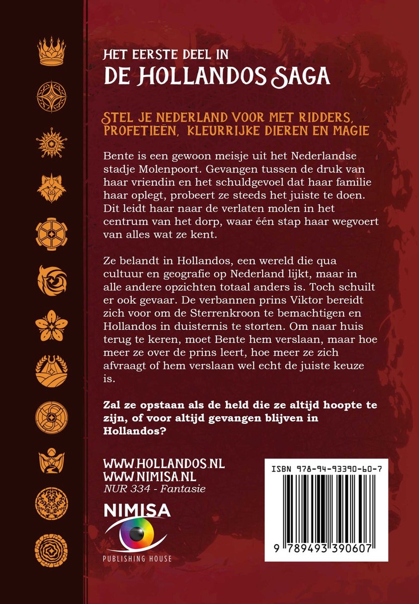 Le dos du livre "De Hollandos Saga" avec le titre, le texte et l'ISBN.