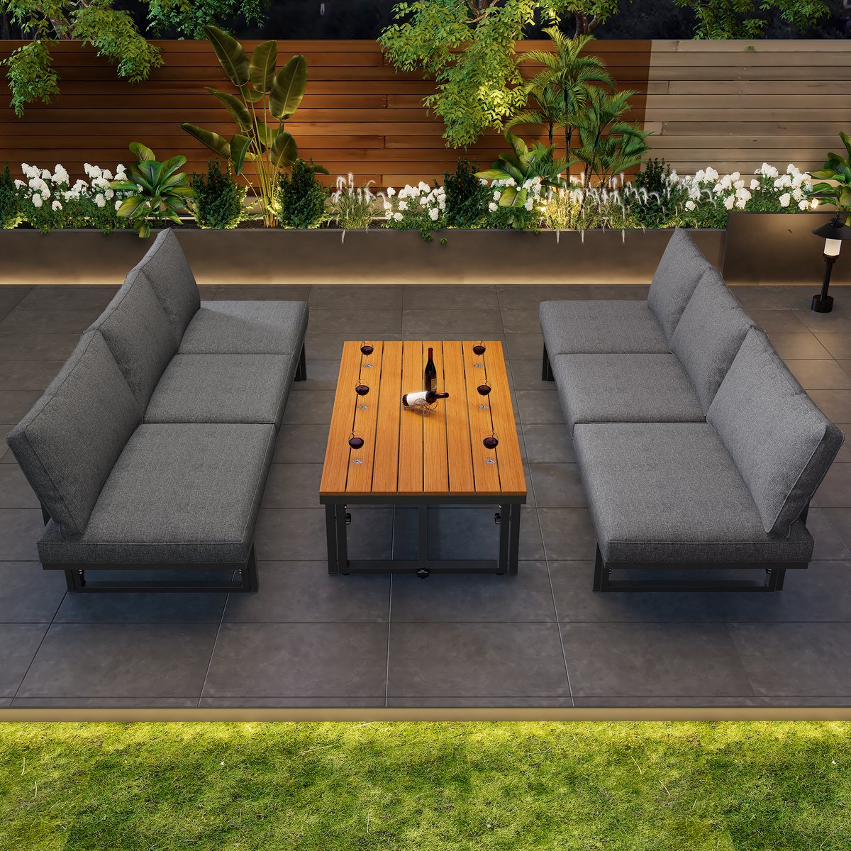 MODENUIT Tuinmeubelset 186 x 64 cm - Verstelbare Rugleuning en Tafel - Voor Terras en Balkon - IJzer Grijs