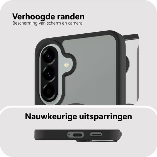 Close-up van de bovenkant en zijkant van een transparante zwarte telefoonhoes die de camera en het scherm bedekt.