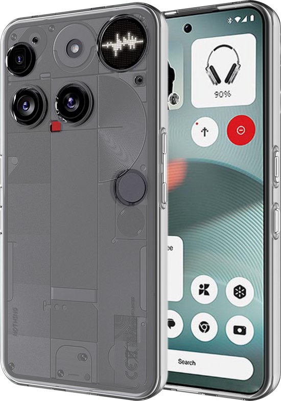 Transparant hoesje voor Nothing Phone, met zichtbare interne componenten en een telefoon met een modern scherm. Zijkant met knoppen zichtbaar.