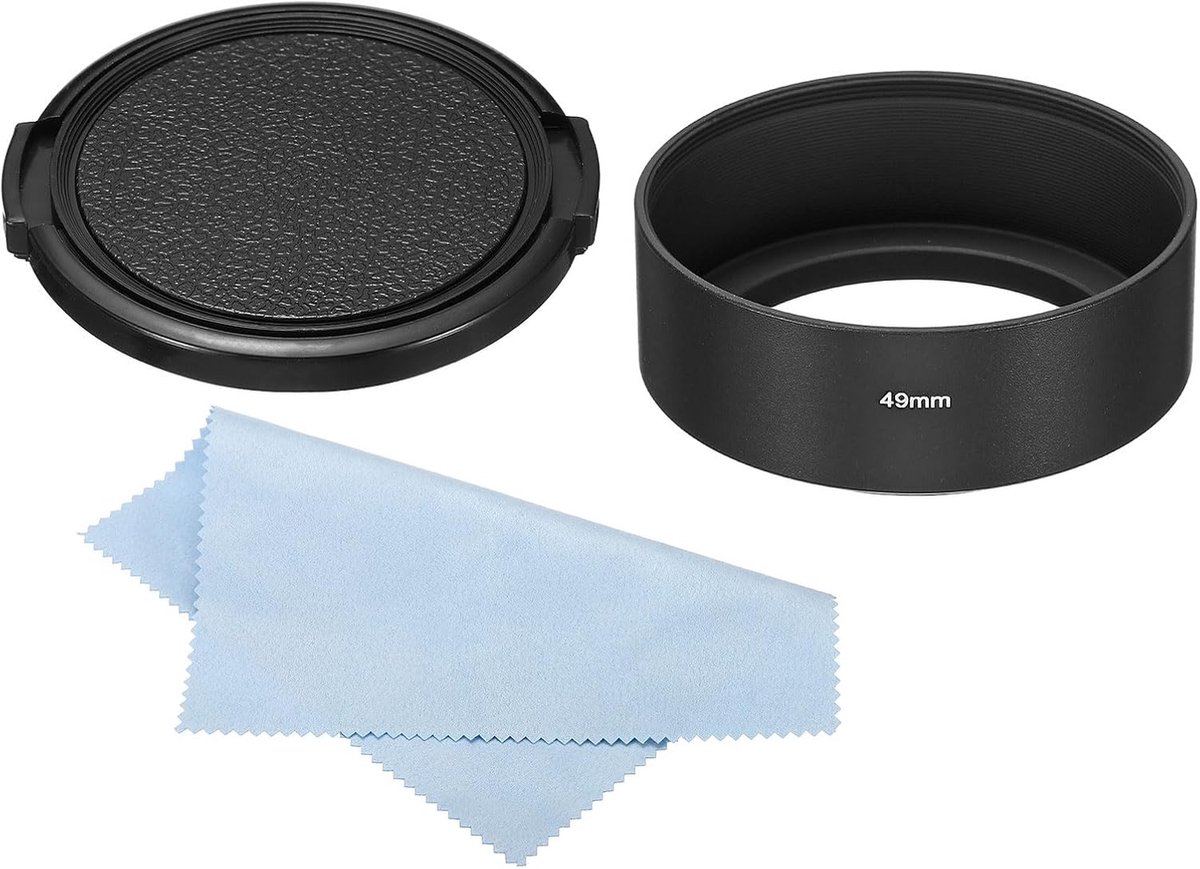 49mm Sun Visor - Standard Focus - Matte Surface - Anti-Reflective Inner Cap - Hood - Cleaning - Camera Lens Clothing - Black