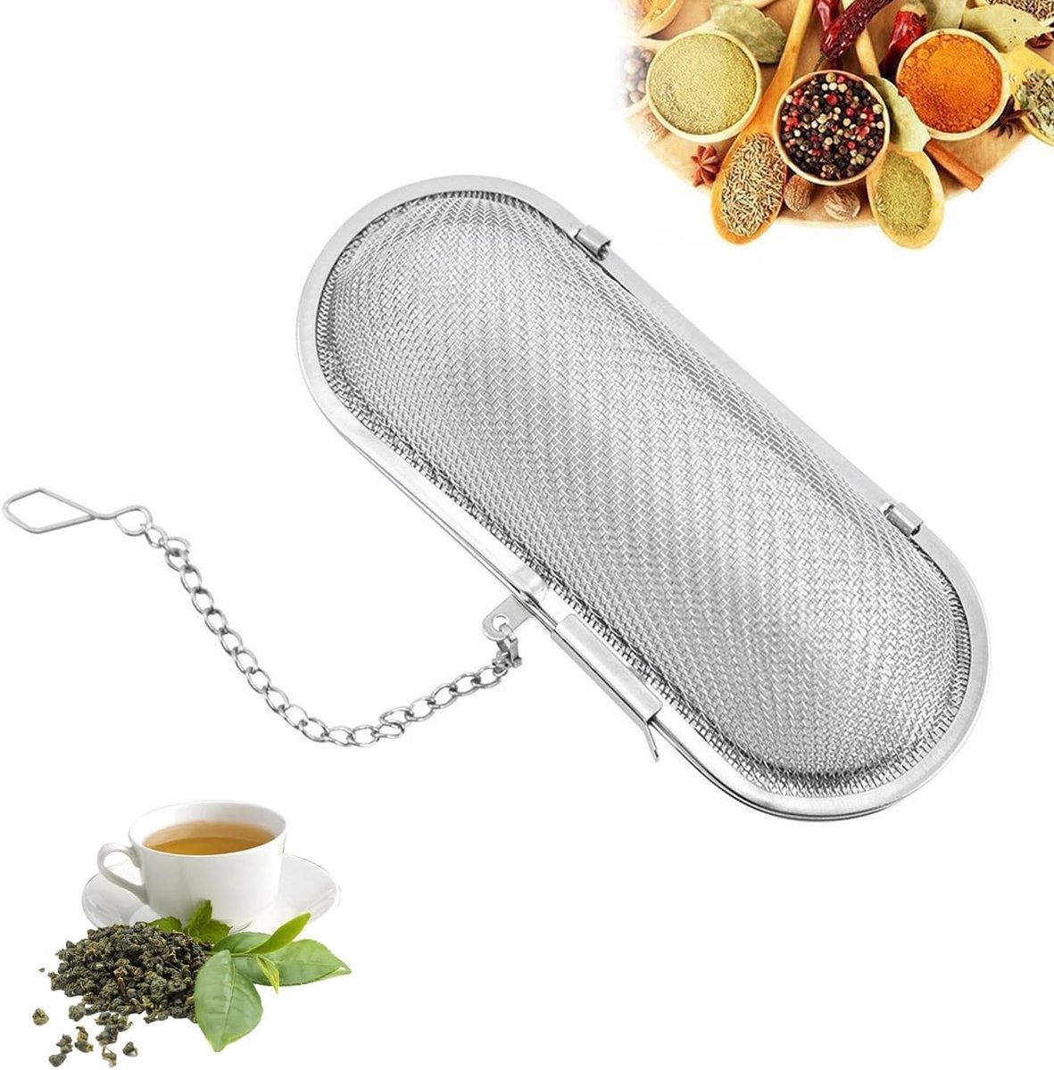 Oval Theefilters, Multifunctionele Theefilter met Fijn Gaas en Ketting, Ideaal voor Losse Thee, Kruidige Mixen en Specerijen