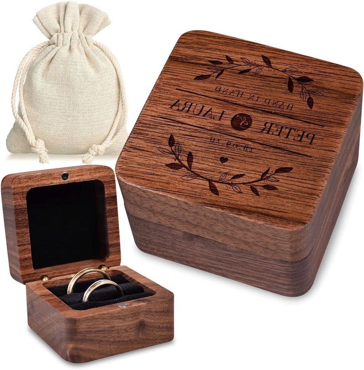 Houten Ringendoos - Gegraveerd Doosje - Bijzondere Momenten - Gepersonaliseerde Gravure - 5.5 x 5.5 x 4 cm - Walnoot
