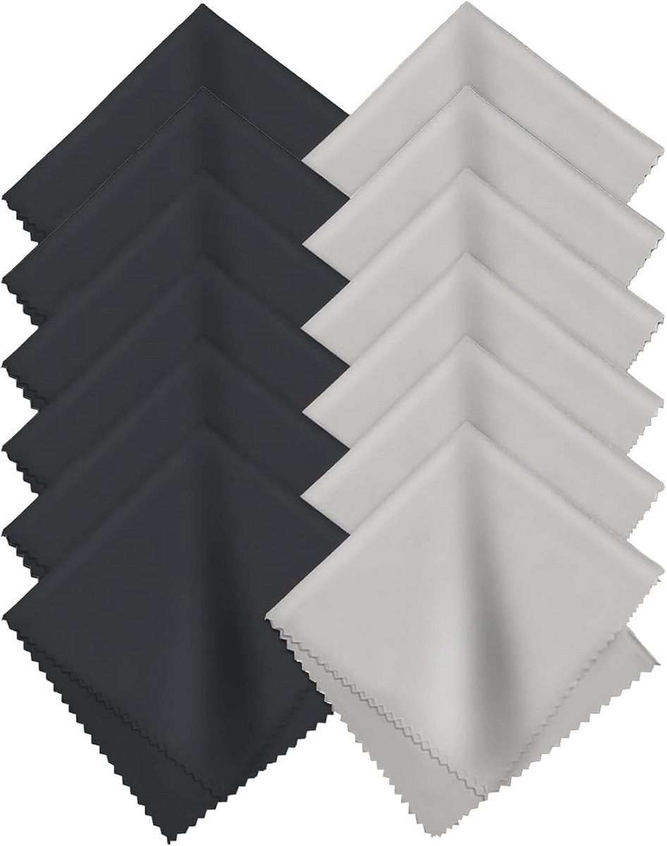12 reinigingsdoekjes voor brillen, microvezel-reinigingsdoekjes voor brillen, displays, tablets, brillen, wasbaar (zwart en grijs, 14,5 x 17,5 cm)