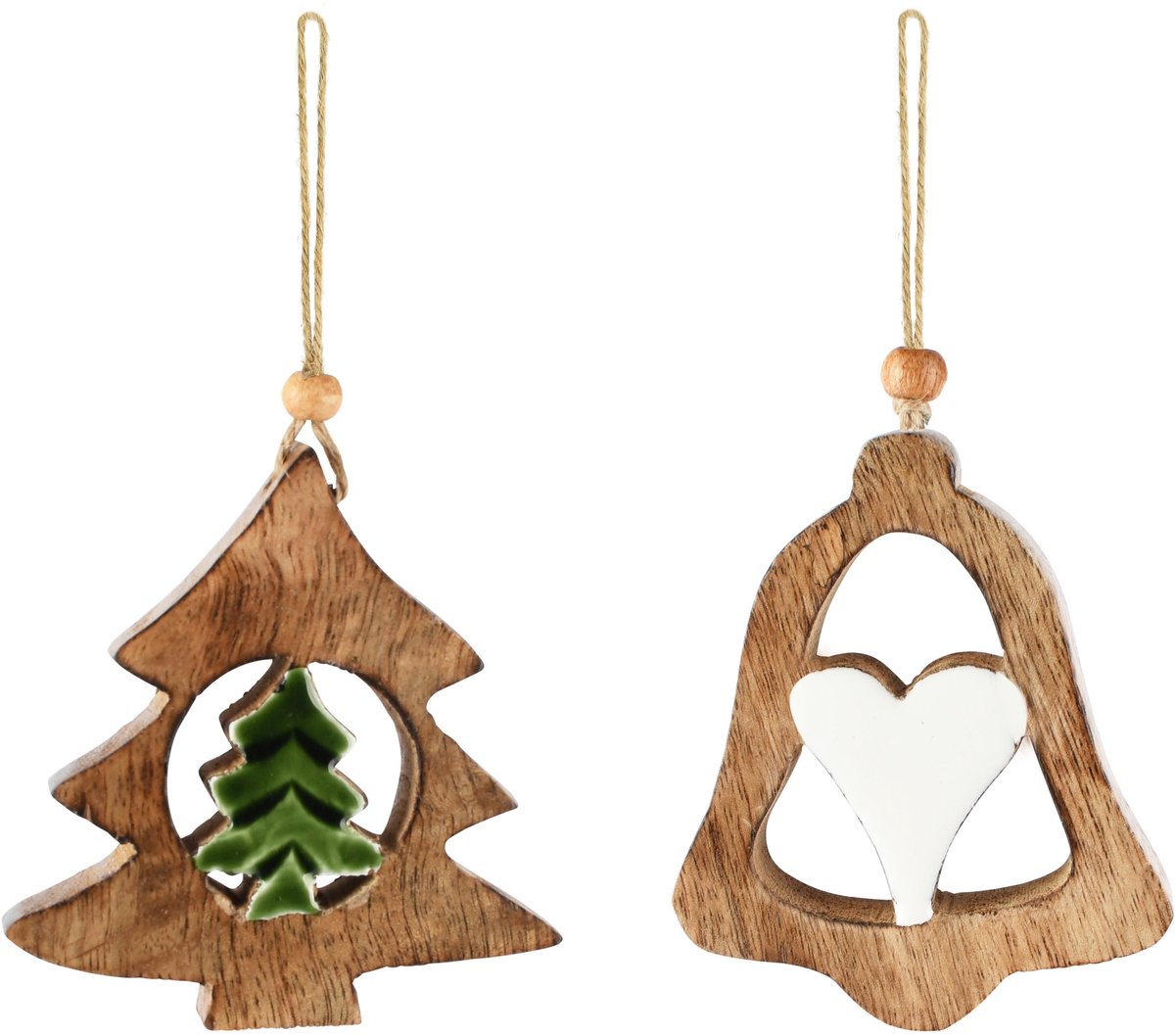 Dekoratief | Hanger klokje/boompje, naturel/wit/groen, hout, 9x2x9cm, set van 2 stuks | A268204