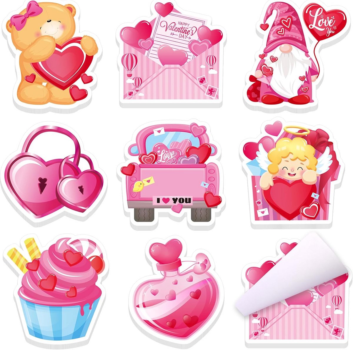 8 roze hartvormige plaknotities met Cupido ontwerp - zelfklevende memopads voor school en kantoor