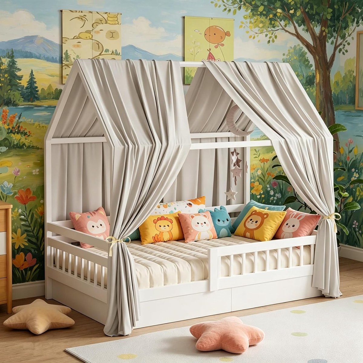 Hemelbed voor Kinderkamer, Luxe Mousseline Bedhemel met 2 Stuks, Baldakijn voor Jongens en Meisjes, Decoratieve Stoffen Hemel (lichtgrijs, H 270 x B 67 cm)