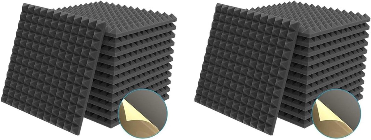 Akoestisch Schuim - Geluidsisolatie Panel - Geluidsverbetering Thuis - Zelfklevend Piramideschuim - 24 Stuks - Zwart