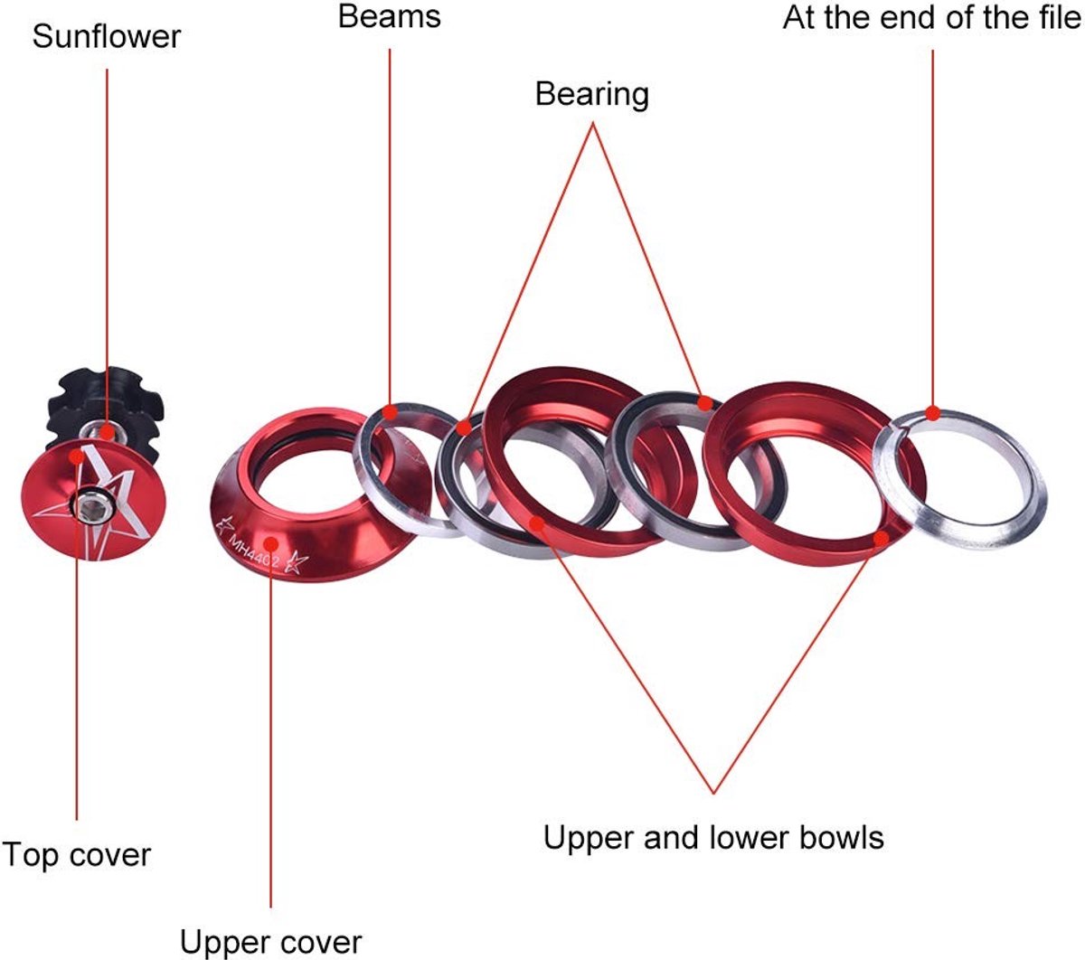 MTTproducts - Fietsset Headset - Aluminiumlegering - Voorvork Stuurpen - Rood - Vervangingsonderdeel - Perfect voor Fietsaccessoires - Geschikt voor Di...