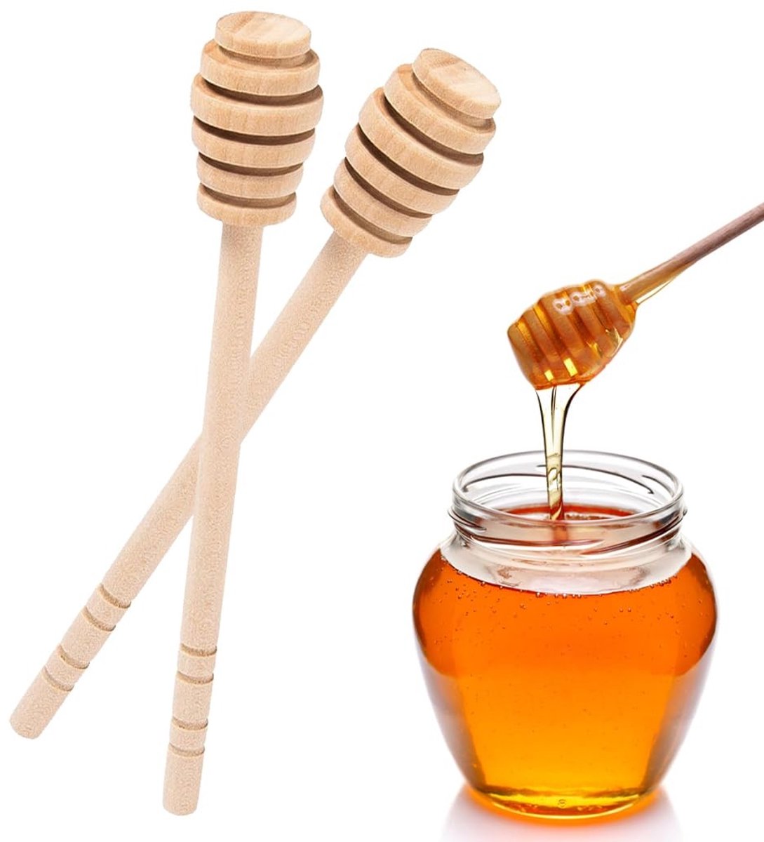 MTTproducts- Honinglepel Hout - 15 cm - Set van 2 - Duurzaam - Eenvoudig te gebruiken - Geschikt voor Feest en Dessert - Honingroerstaafje