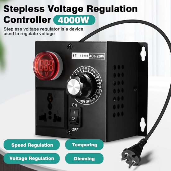 Spannings- en Toerentalregelaar 230V - 4000W Max - Traploos Regelbaar - Ventilator, Motor, Dimmer - Metalen Behuizing - EU-Stekker — afbeelding 2