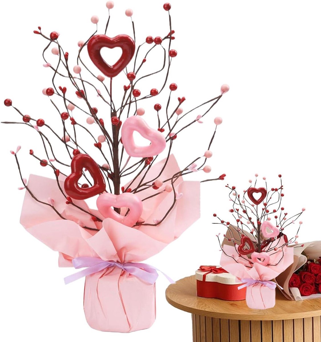 Boeket kunstbloemen - Decoratief arrangement - Woonkamer decoreren - Hartvormige bessen - 7.5 x 7.5 x 7.5 cm - Meerdere kleuren
