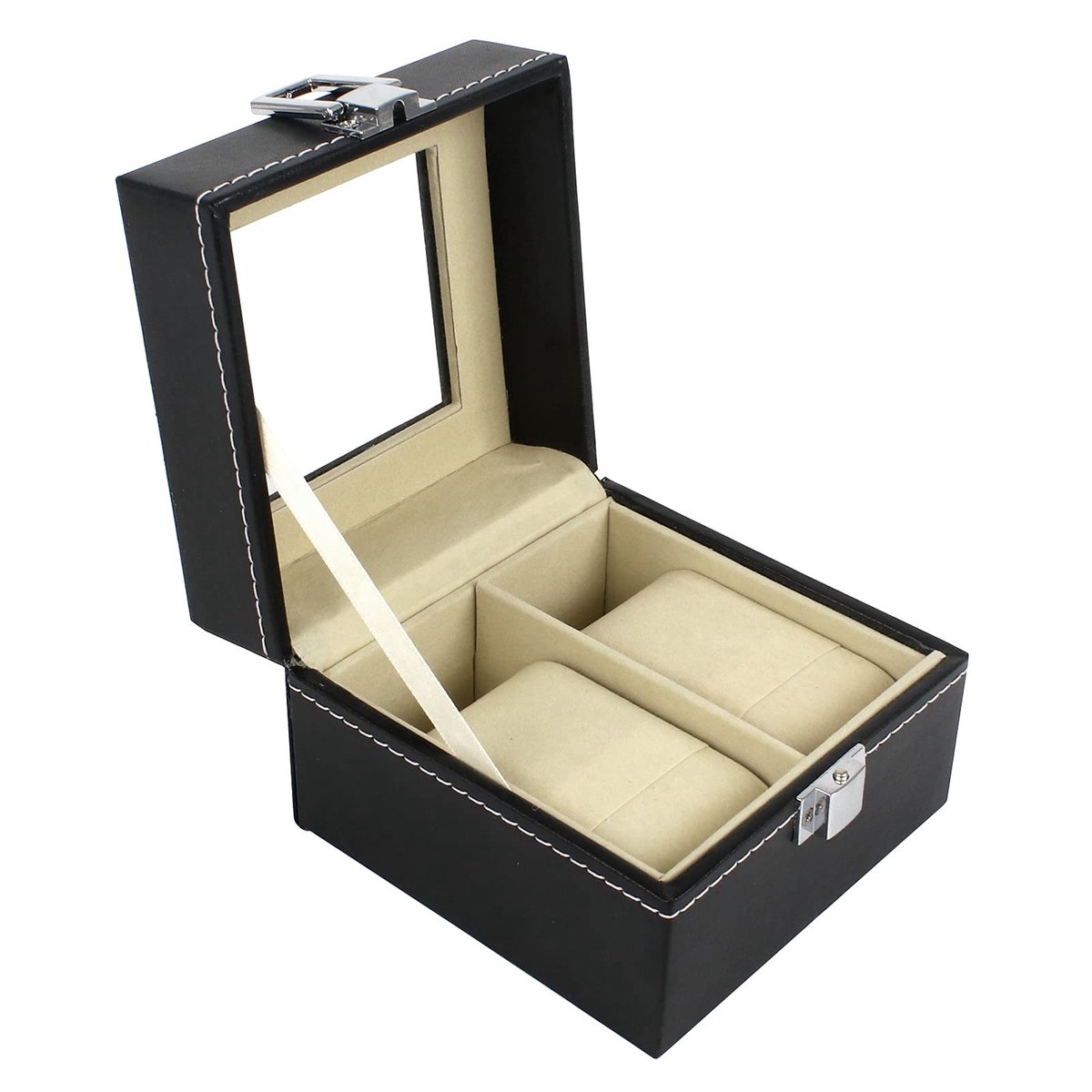 Cosensi- Horloge Box - 2 Compartimenten - PU Heren Horloge Box - Verwijderbare Kussens - Zwart - Transparante Deksel - Eenvoudig te Reinigen - Horloge Etui