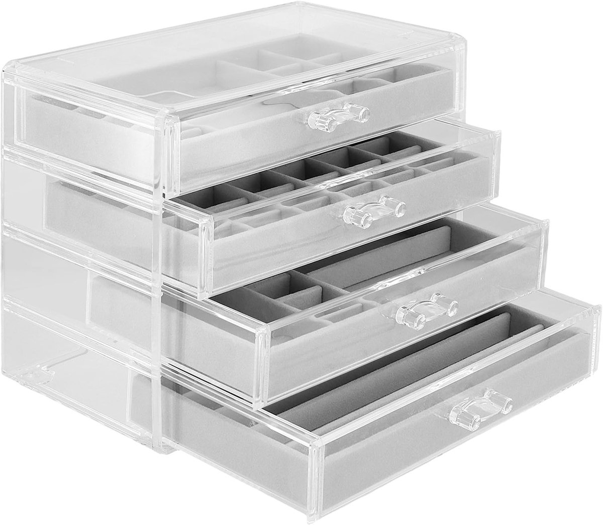 Cosensi- Sieradenbox Hoogwaardige Acryl - Sieradenopberger met 4 Lades - Verstelbare Indeling - Earring/Necklace/Ring Opberger - Duurzaam en Zacht Velvet Interieur