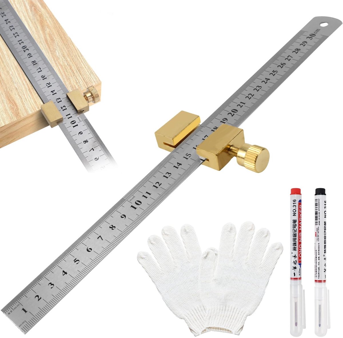 Cosensi- Stalen Liniaal 30 cm - Roestvrij Staal - Verstelbare Beugel - Metalen Stop - Precisie Meetinstrument - Geschikt voor Houtbewerking - Meetlat
