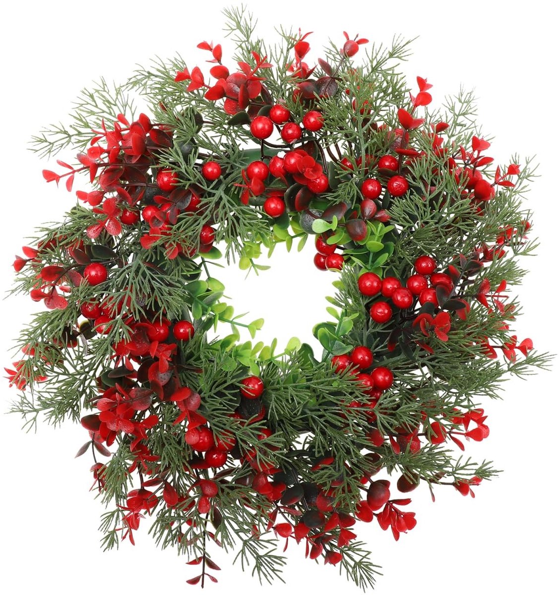 Cosensi- Kerstkrans 35 cm - Verlichte Kerstkrans - Decoratie Voordeur - Kunststofmateriaal - Groene/Witte Dennennaalden - Witte Bessen/Bruine Dennenappels - Dekoratie