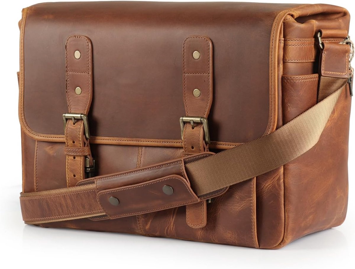 Leren Messenger Tas voor Laptop en Documenten met Verstelbare Schouderriem Bruin