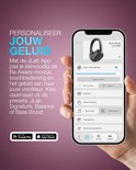 Smartphone met JLab App, toont JLab JBuds Lux ANC koptelefoon, opties voor noise control modes, equalizer en be aware.