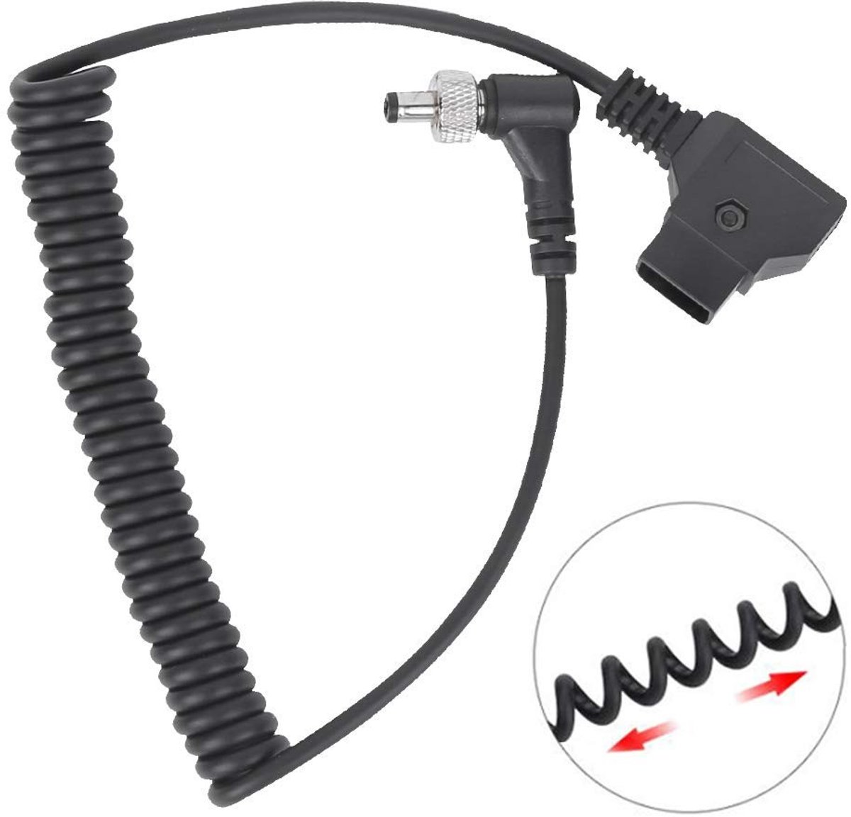 Dailygoods - Dailygoody - D-Tap Stekker - Voeding voor DC Monitor - Zwart - Veerkabel - Duurzaam en Sterk - Geschikt voor Fotografie - 40-80cm