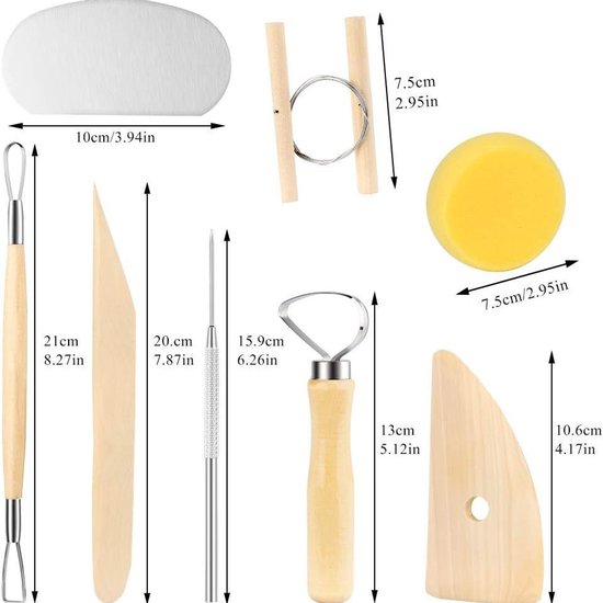 Deze 8-delige pottenbakkersgereedschapset bevat gereedschap voor klei en boetseergereedschap, geschikt voor beginners. Het kan worden gebruikt voor schuren, schoonmaken, snijden, vormen en boetseren.