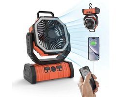 Draagbare campingventilator met hoge capaciteit, afstandsbediening, verlichting, dubbele haken en grote luchtstroom – Ventilator, los apparaat, draadloos, batterijloos, draagbaar (oranje).