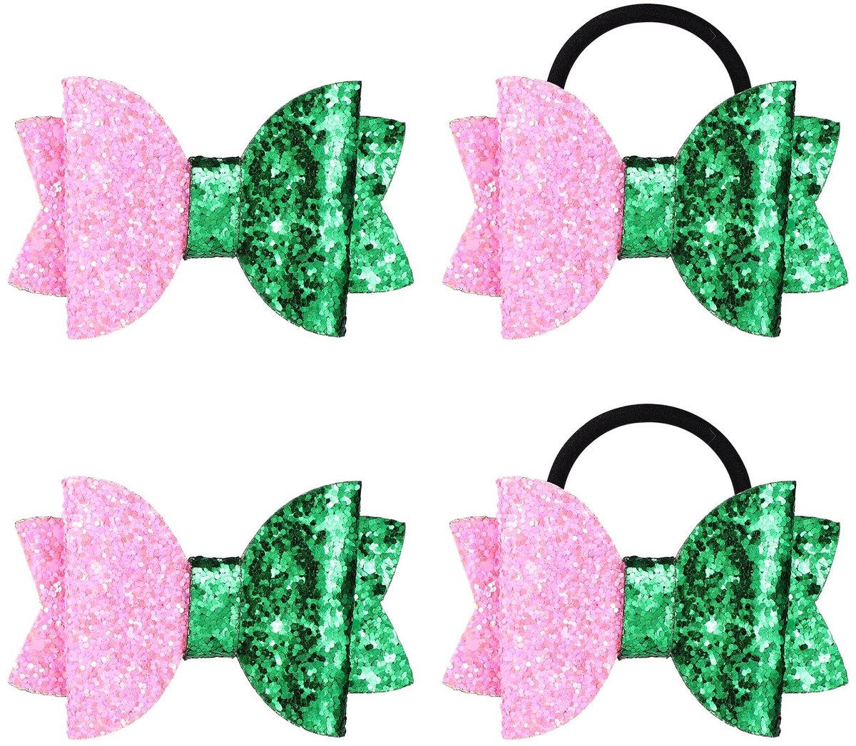 Dailygoods - Set van 4 Roze en Groene Haaraccessoires met Glitterstrikken