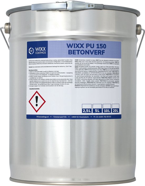Zilverkleurige emmer met lichtgrijs label. Tekst: WIXX COATINGS, WIXX PU 150 BETONVERF, 2,5L, 5L, 10L, 20L.