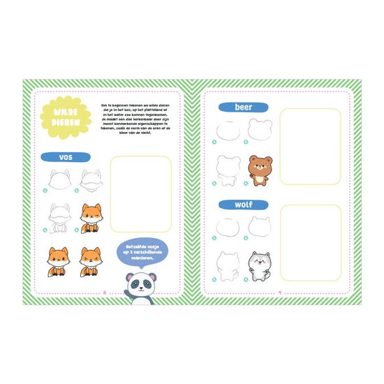 Binnenpagina van Kawaii Tekenen Dieren boek met tekeninstructies voor vossen, beren, wolven en panda's.