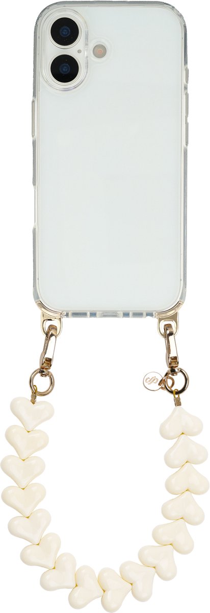 Selencia Transparant Hoesje met Haakjes inclusief Hartjes Polskoord - Geschikt voor Apple iPhone 17 - Beige