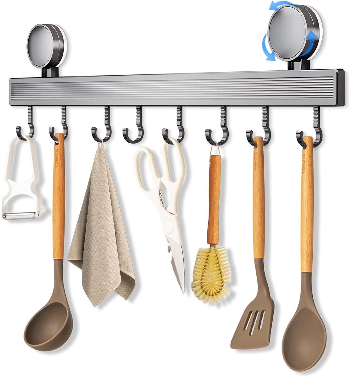 40 cm Suction Cup Haakstrip met 8 Verplaatsbare Haken voor Keuken, Badkamer en Slaapkamer - Geen Boren, Roestvrij en Tot 20 kg Belastbaar