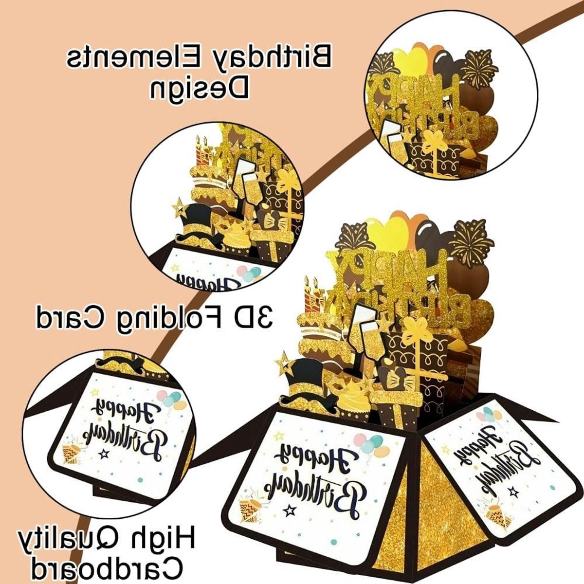 Gepersonaliseerde 3D pop-up verjaardagskaart met kleurrijk taartdesign, ballonnen en geschenkdoos - uniek cadeau voor kinderen, jongeren, vrouwen en mannen
