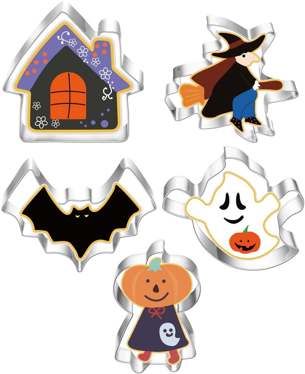 Seb2 - Halloween Koekjesuitsteekvormen - 5-delige set - Roestvrij staal - Voor koekjes en fondant - Creatief bakken - Perfect voor Halloweenfeest