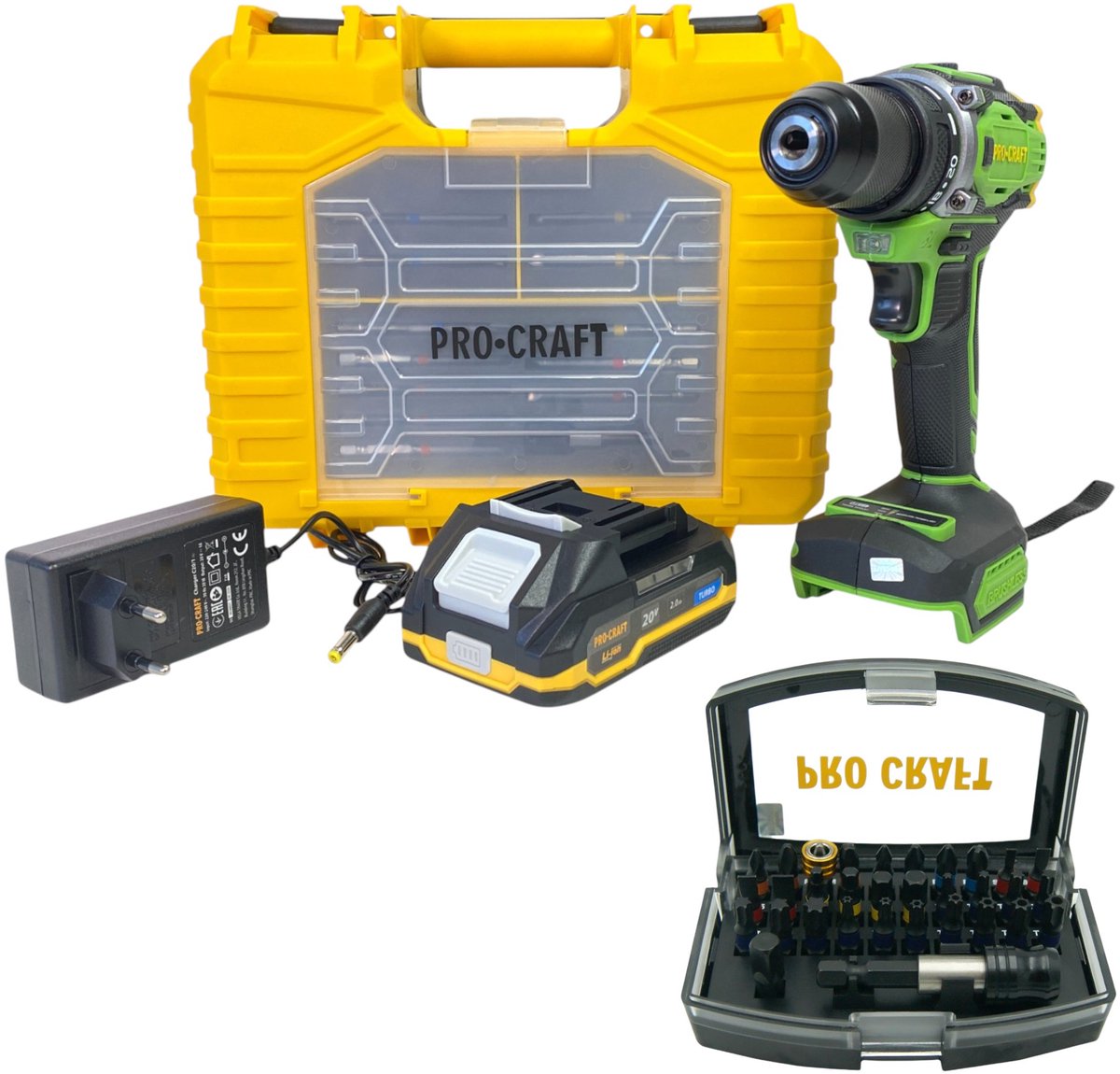 Procraft PA18Pro2-1B-C accuboormachine 20 V 30 Nm borstelloos + 1x accu 2,0 Ah + oplader + 13-delige bitset + koffer