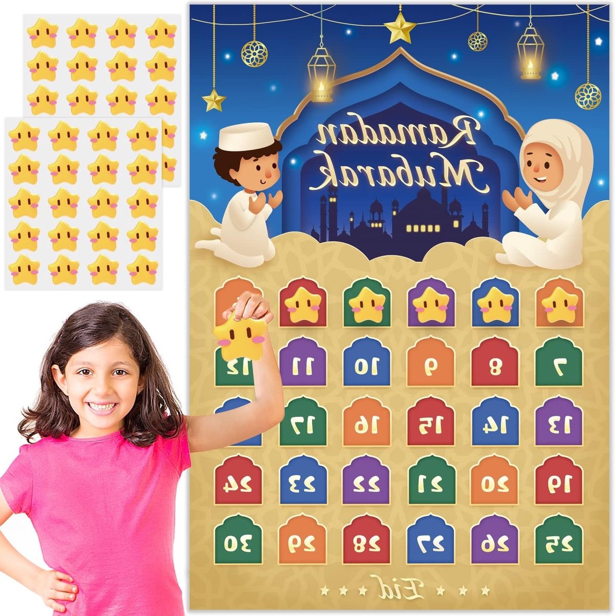 Ramadan Eid Mubarak Aftelkalender voor Kinderen, 30 Dagen Papieren Kalender met Sterren Stickers, Feestelijke Decoratie voor Thuis en Eid Vieringen