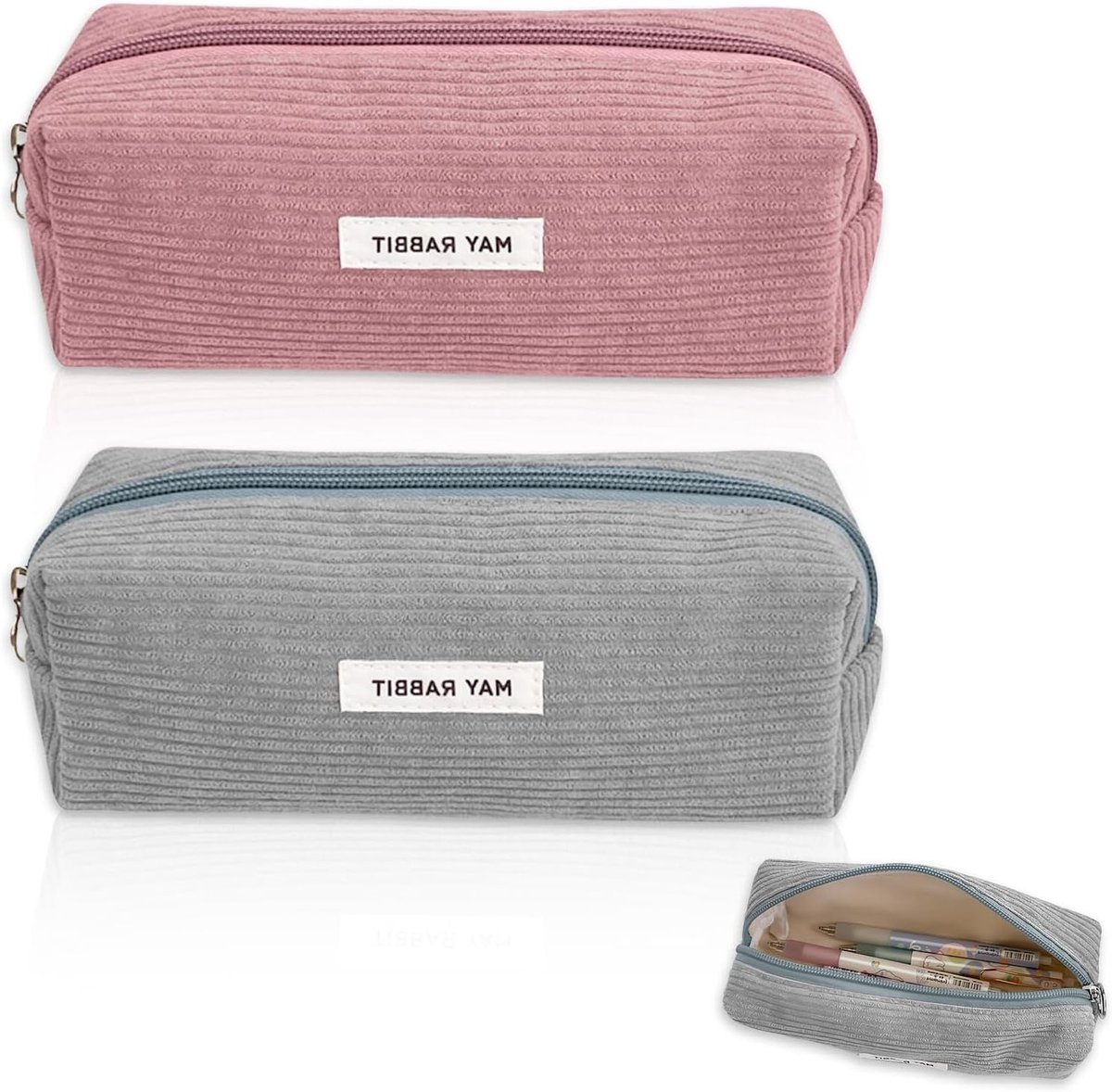 Pencil Case voor Meisjes - 2 Stuks Corduroy Met Grote Opbergruimte in Aesthetic Design, Vleeskleurig en Grijs