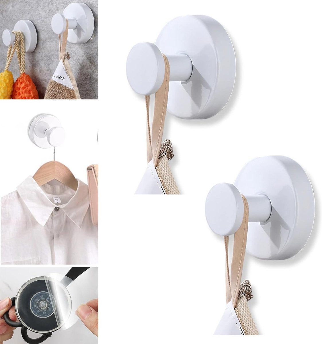 Geavanceerde zuignap haken zonder boren, roestvrijstalen waterdichte haken voor badkamer, douche en keuken - Sterke handdoekhouders (Multipack, wit)