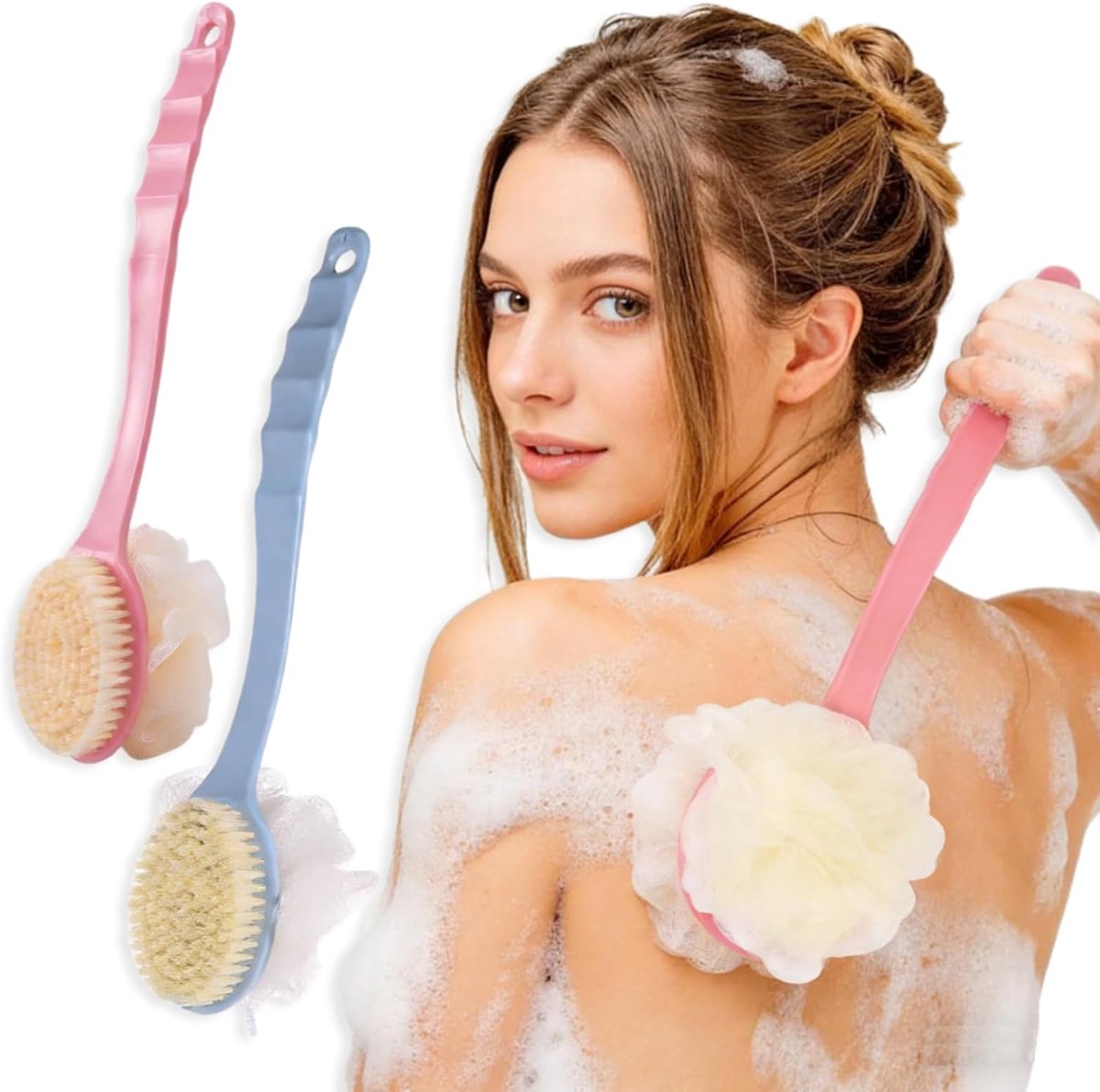 Oneay Set van 2 doucheborstels met lange steel, 34 cm, lichaamsborstel, rugscrubber, droogborstel voor onder de douche, spons van gaas, met gebogen lange steel, unisex (blauw + roze).