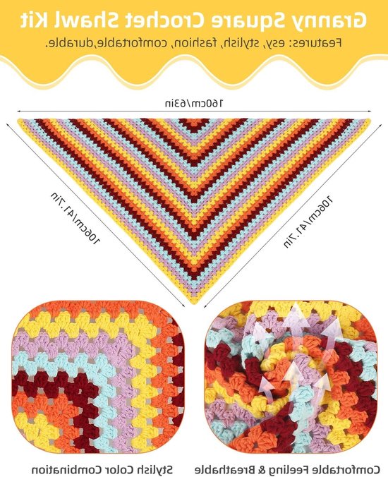 Beginner haakset voor volwassenen en kinderen, eenvoudig haakschalenset met stapsgewijze handleiding en accessoires voor het maken van een granny square sjaal van Merkloos — afbeelding 4