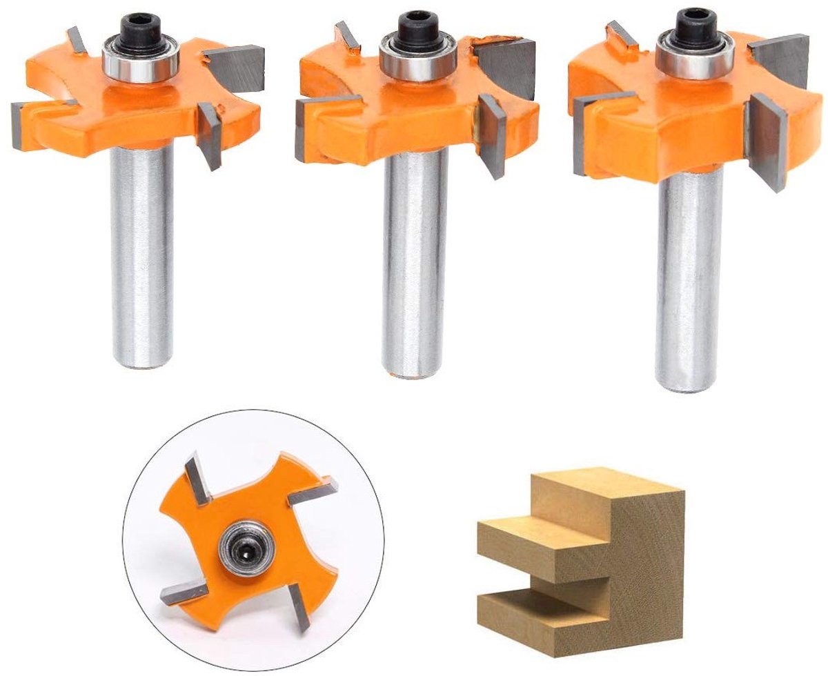3-delige Grooving Cutter Set met 4 Blad Bollen, 8mm Schuin T - Houtbewerking Gereedschap voor Deuren, Tafels, Planken en Muren