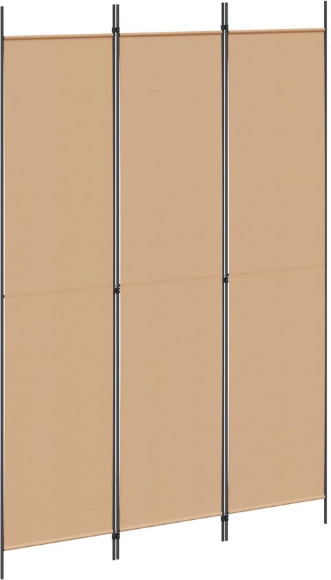 Drie beige panelen van een kamerscherm met zwart metalen frame.